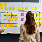 **Project Planning Meeting:** A diverse team brainstorming around a whiteboard filled with sticky notes. Focus on collaboration, energy, and modern office setting. Capture the spirit of teamwork in Istanbul.
