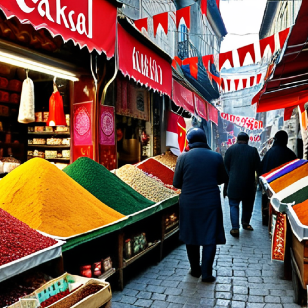 **

Bustling Istanbul bazaar, vibrant colors, spice stalls, shoppers haggling, Turkish flags.

**