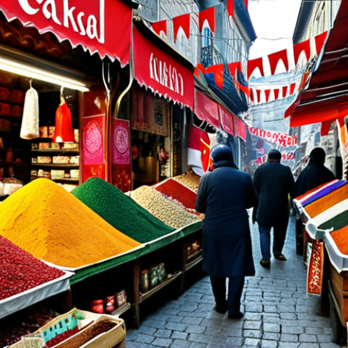 Home 7 **
Bustling Istanbul bazaar, vibrant colors, spice stalls, shoppers haggling, Turkish flags.
**