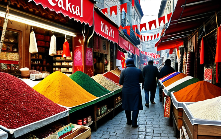 **
Bustling Istanbul bazaar, vibrant colors, spice stalls, shoppers haggling, Turkish flags.
**