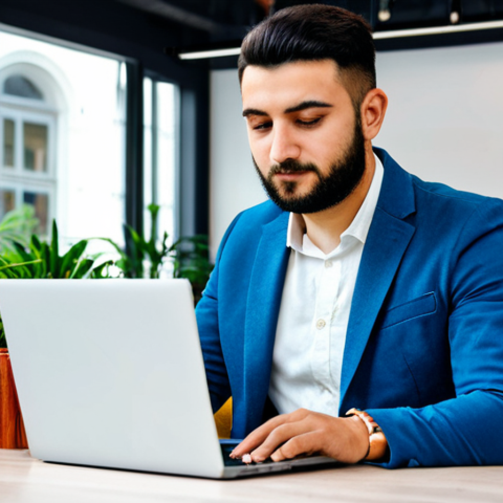 PM 경력 개발 계획 세우기 - **Subject:** A confident young entrepreneur, working on a laptop in a vibrant co-working space in Is...