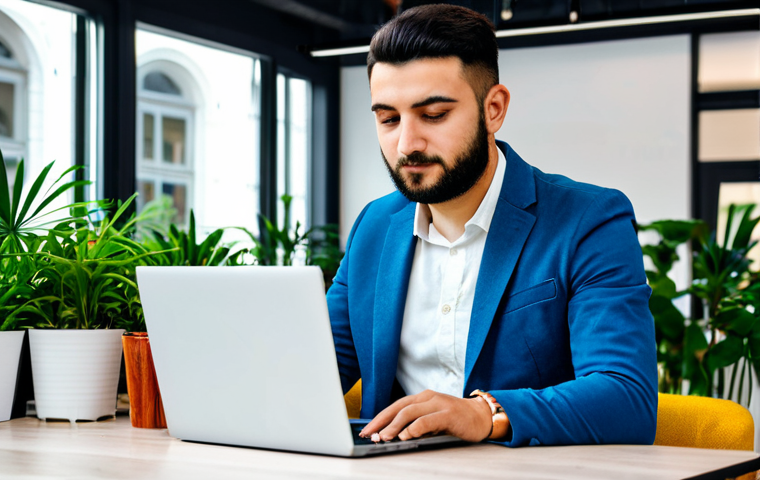 PM 경력 개발 계획 세우기 - **Subject:** A confident young entrepreneur, working on a laptop in a vibrant co-working space in Is...
