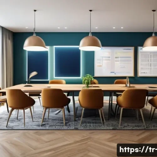 Home 30 PM을 위한 회의 진행 팁 - A modern Turkish office meeting room scene featuring a diverse group of professionals actively engag...