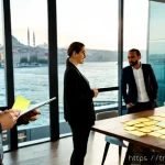 PM 경력 전환 성공 팁 - Photorealistic career-transition success scene in a modern Istanbul coworking space, a confident Tur...