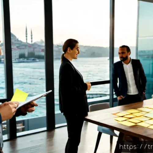 Home 17 PM 경력 전환 성공 팁 - Photorealistic career-transition success scene in a modern Istanbul coworking space, a confident Tur...