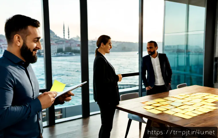 PM 경력 전환 성공 팁 - Photorealistic career-transition success scene in a modern Istanbul coworking space, a confident Tur...